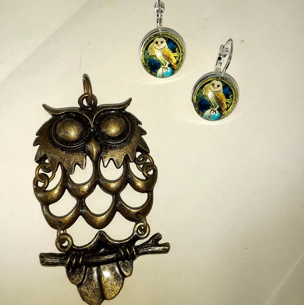VINTAGE Owl Pendent with Owl Earrings
